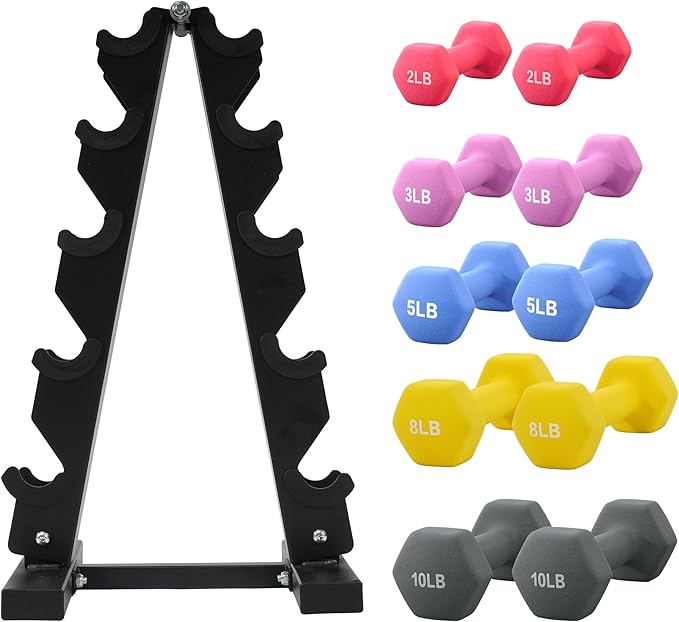 Neoprene Dumbbell Set for Women 2-5 lb | 3 Pairs Hand Weights Set with Rack, Hex Anti-Roll, Color-Coded Home Gym Gifts