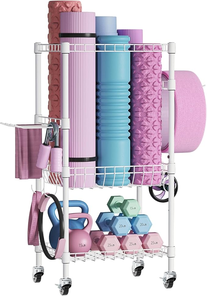 VOPEAK Home Gym Storage Rack with Wheels, Yoga Mat Storage Organizer for Kettlebells, Dumbbells, Resistance Bands, Space Saving Weight Rack for Home Gym, Garage, Easy to Install