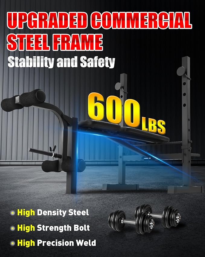 OPPSDECOR Standard Weight Bench Set with Squat Rack, 600LBS Adjustable Bench Press Set with Leg Extension and Leg Curl, Foldable Flat Incline Decline Workout Bench for Home Gym Full Body Training