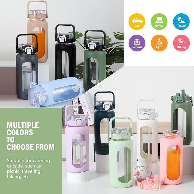 BLUEGO 64oz Glass Water Bottles with Straw Time Marker Half Gallon Large Motivational Water Bottle with Silicone Sleeve 2 Liter Large Glass Water Jug for Gym, Sports& Workout, Daily, Green