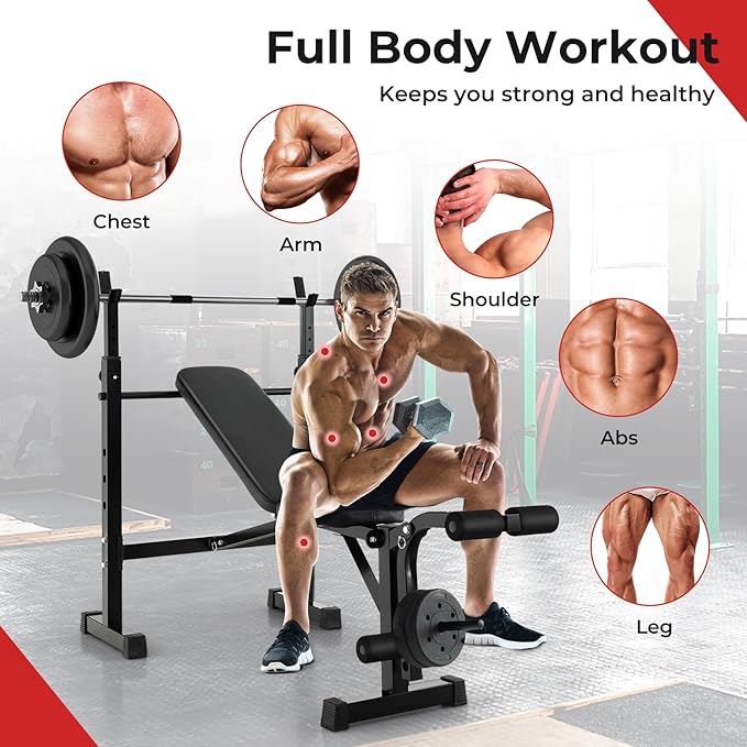 GYMAX Adjustable Weight Bench, Foldable Weight Bench with Squat Racks, Leg Extension & Leg Curl, Strength Training Workout Bench Press, Olympic Weight Lifting Bench Set for Home Gym