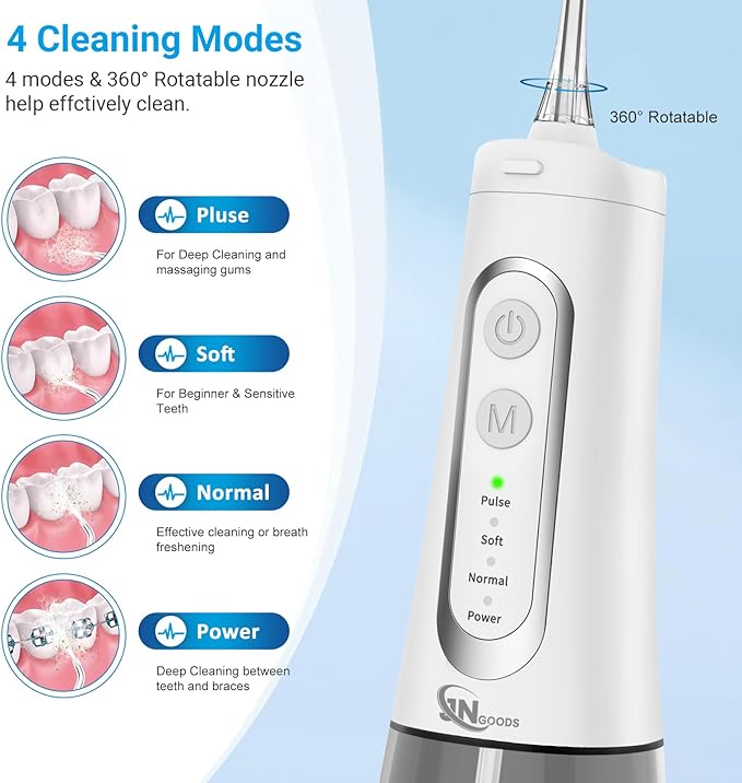 Cordless Water Dental Flosser oral irrigator,JNGOODS 300ml Rechargeable water flosser for teeth IPX7 Waterproof 4 Modes portable Oral Irrigator with 4 jet tips, Travel Home use (White)