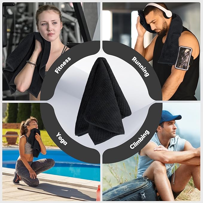 HOMEXCEL Black Gym Towels 3 Packs, (16x27 inches) Highly Absorbent Yoga Towel, Ultra Soft Hand Towels for Daily Use, Fast Drying Microfiber Workout Towels for Gym, Spa, Fitness, Camping, Hotel