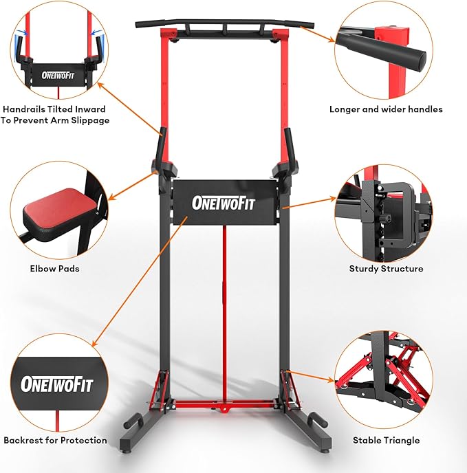 ONETWOFIT Foldable Power Tower Pull Up Bar Station, Multi-Function Adjustable Height Dip Station for Home Gym Workout, Strength Training Fitness Equipment, Pull Up Stand