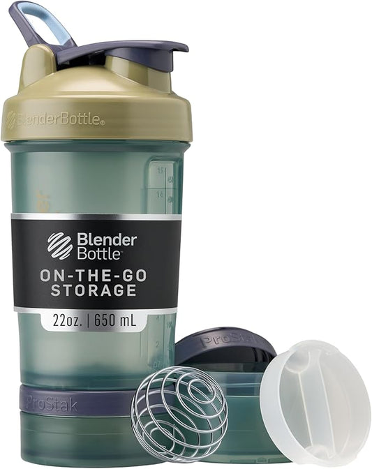 BlenderBottle Shaker Bottle with Pill Organizer and Storage for Protein Powder, Classic V2 ProStak System, 22-Ounce, Tan