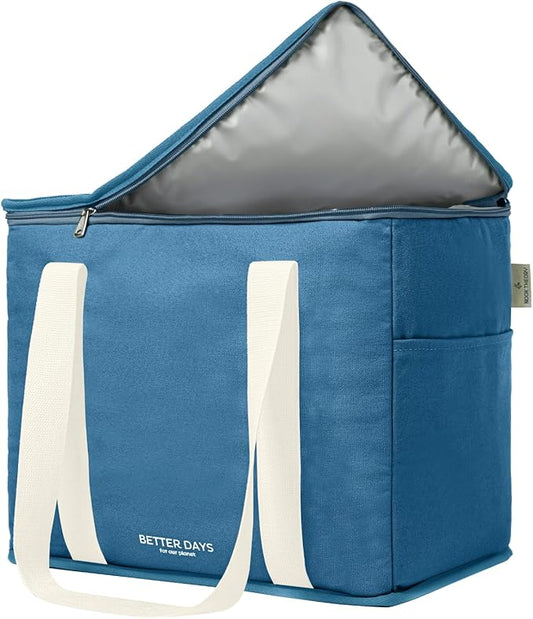 Nook Theory Reusable Insulated Grocery Bag - Leak Proof, X Large Insulated Cooler Bag - Insulated Shopping Bags for Groceries - Travel Cooler Bag for Frozen and Hot Food with Zippered Top (Ocean)