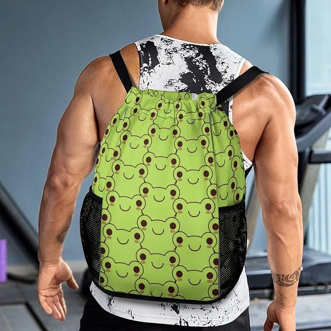 Frog Drawstring Backpack - Cute Cinch Sack, String Backpacks with Pocket for Kids Women Men Boys Girls for Gym Outdoor Sports Travel Athletic Drawstring Bag - Lightweight/Foldable
