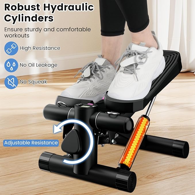 GYMAX Steppers for Exercise at Home, Hydraulic Mini Stair Stepper with Resistance Bands & LCD Monitor, Portable Under Desk Cardio Equipment Step Machine for Home Gym