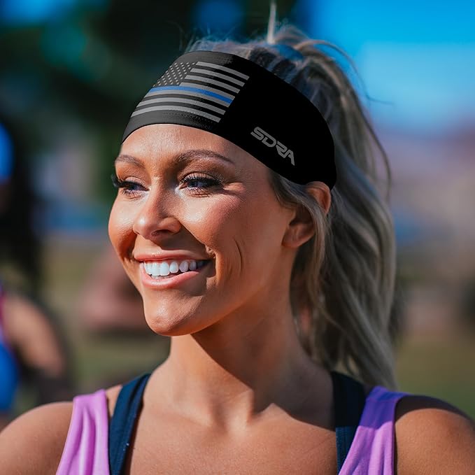 Suddora Thin Blue Line Tapered Headband Headband-for Honoring Police and Law Enforcement Officers, Breathable Non-slip Fabric Sweatbands for Soccer, Tennis, Workout, Costumes & Cosplay