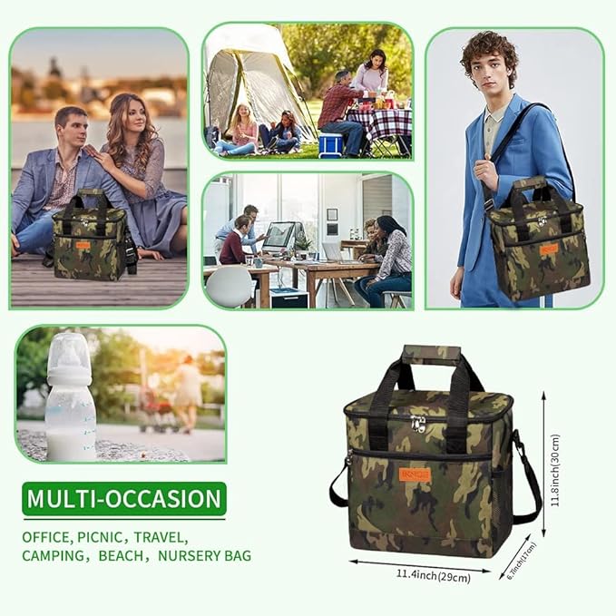 iknoe Large Cooler Bag Collapsible, 15L Insulated Bags, Leakproof Lunch Cooler Tote with Multi-Pockets for Adult, Insulated Lunch Box for Beach, Picnic,Work, Camo 24-Can