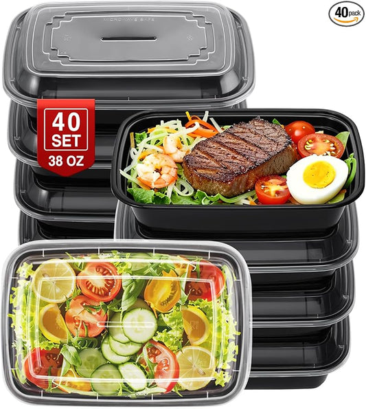 40 Sets 38oz Meal Prep Container - Reusable Plastic Food Storage Containers with Lids, Fits Microwave, Freezer and Dishwasher Safe