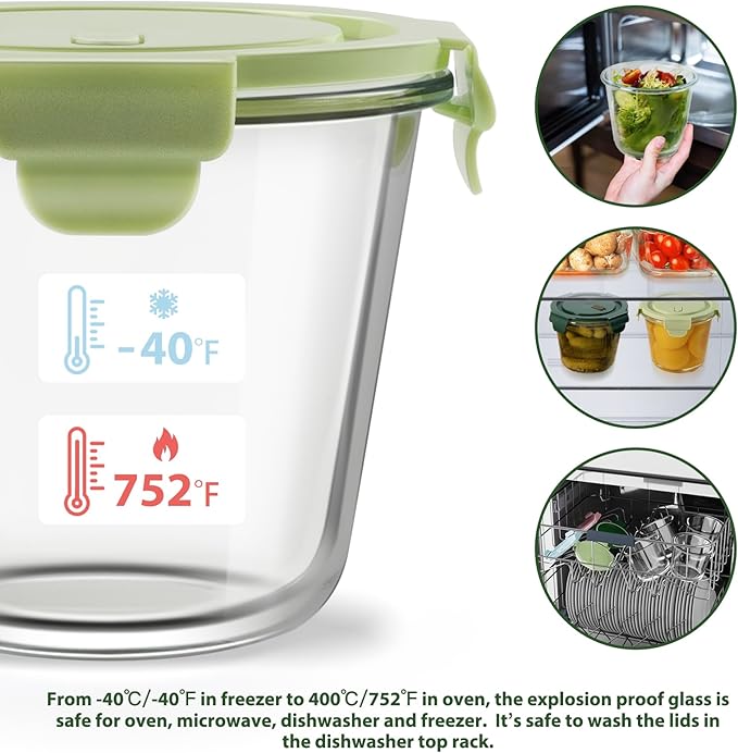 23oz Glass Meal Prep Containers with Lids, Airtight 3-Cup Glass Storage Containers Set, Heat-Resistant BPA-Free for Soup, Leftover, Microwave, Dishwasher, and Freezer Safe (6 Packs)