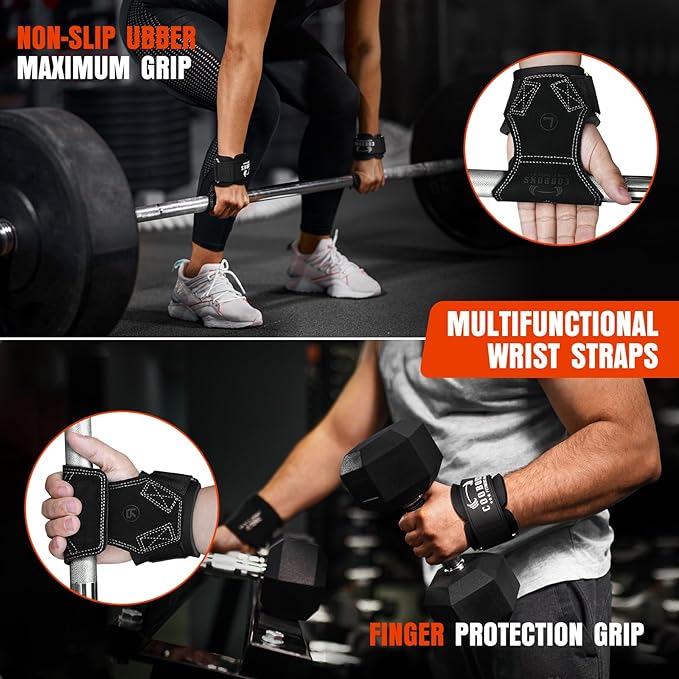 Lifting Wrist Straps for Weightlifting, Double Layer Leather for Weight Lifting Wrist Wraps, Deadlifts, Heavy Powerlifting and Adjustable Wrist Hooks for Strength Training, Gym Workouts Men/Women