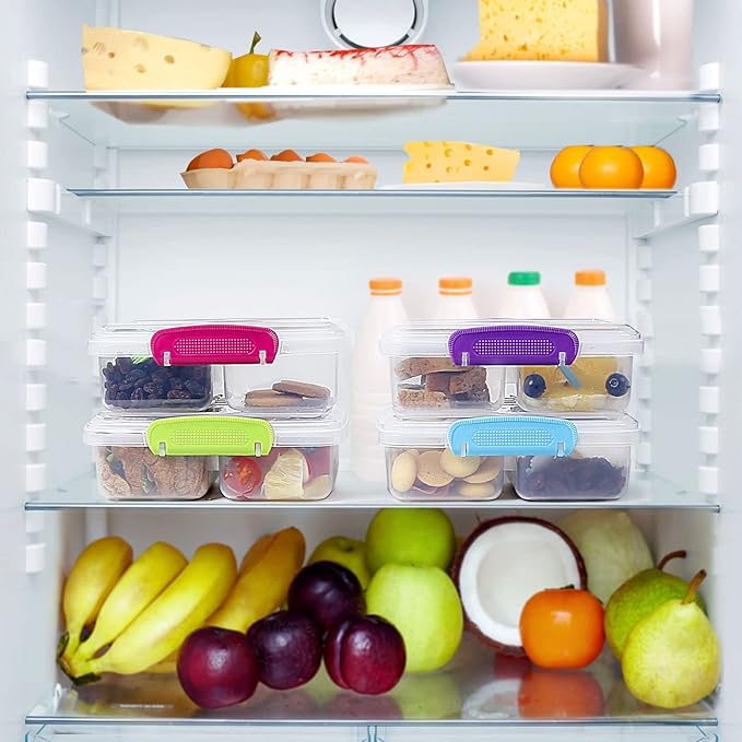 4 Pack Plastic Snack Containers with Lids, 2 Compartment Food Container for Kids Snack Box, Travel Bento Lunch Containers with forks for Fruits/Candies, Divided Food Storage Containers for School