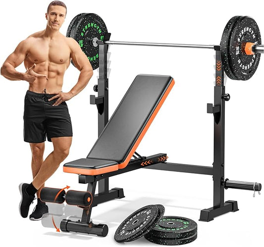 Fostoy Weight Bench, 770lbs Bench Press With Squat Rack, Adjustable Weight Benches for Home Gym, Olympic Workout Bench for Full Body Fitness, Flat Incline Bench With Removable Foot Catch