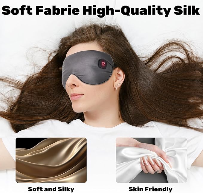Silk Cordless Heated Eye Mask for Dry Eyes, Light Blocking Warm Eye Compress, Improved Sleep, with 3 Heat Settings, Washable Heating Pad for Migraine, Travel, Rechargeable, Men Women
