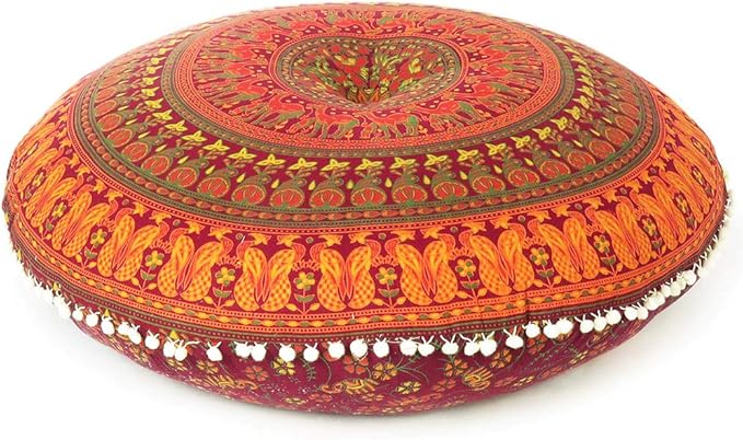 Eyes of India - Mandala Floor Pillow Cover Meditation Cushion Seating Throw Hippie Round Colorful Decorative Bohemian Indian Pouf Ottoman Handmade Cover ONLY (P1 Burgundy, 32" x 32")