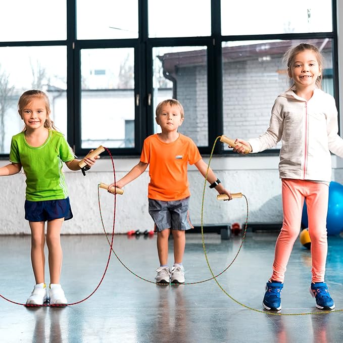 Aoriher 12 Pcs Jump Ropes for Kids Adjustable 7 ft Cotton Skipping Ropes with Wooden Handle for Students Fitness Outdoor Exercise Workout Fun Activity, Random Color