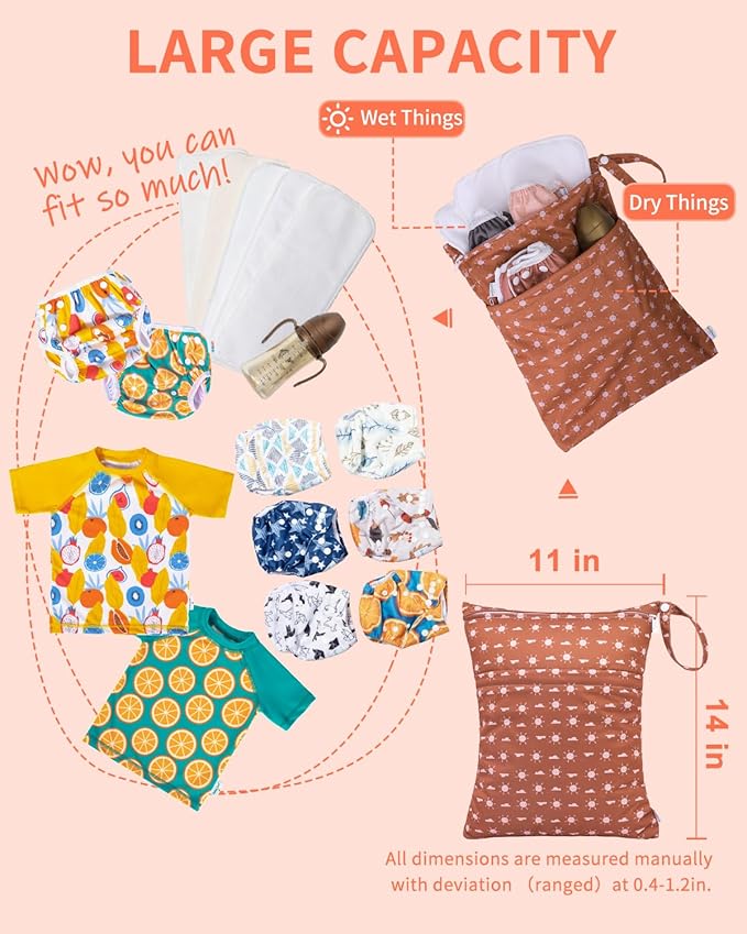 babygoal Wet Dry Bags for Baby Cloth Diapers, Washable Travel Bags, Beach, Pool, Gym Bag for Swimsuits & Wet Clothes with Two Zippered Pockets 3 Pack, 3LN16