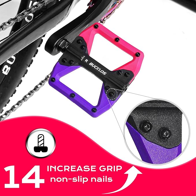 BUCKLOS MTB Flat Pedals Mountain Bike Pedals, 3 Bearings CNC Adult Road Bike Pedals, Bicycle Platform Aluminum Alloy Non-Slip Pedal for Gravel Bike/BMX 9/16"(Black)