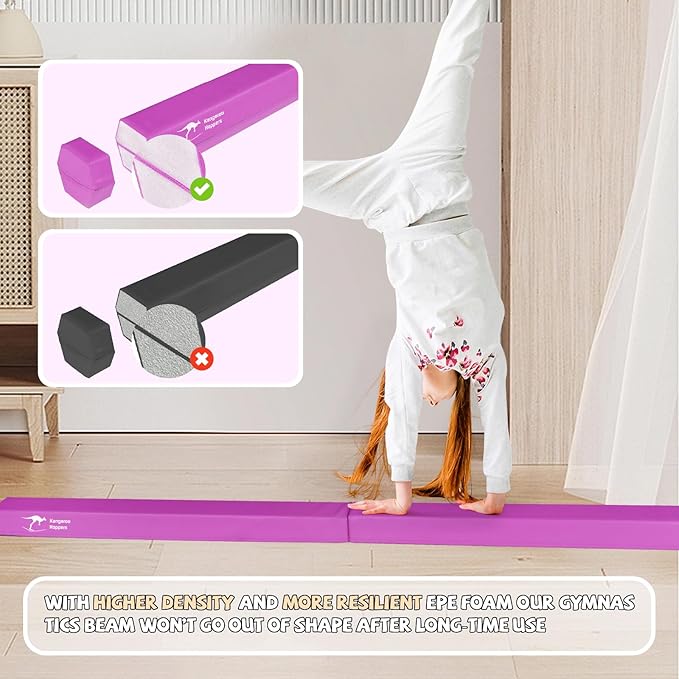 Kangaroo Hoppers 8FT Kids Balance Gymnastics Beam for Kids, Folding Extra Firm Foam Floor Beam for Beginners, Home Training Equipment with Anti-Slip Base, Carrying Bag