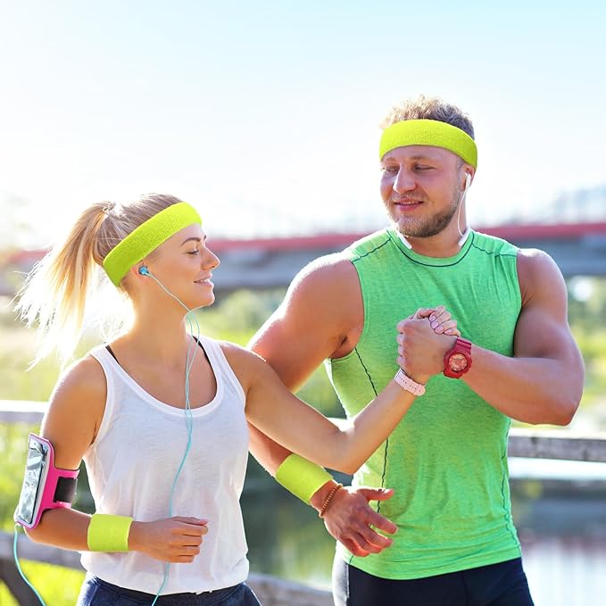 24 Pieces 80s Neon Sweatbands Set, Include 8 Sports Headbands and 16 Sweat Wristbands Elastic Athletic Tennis Sweat Bands Bulk for Man Woman