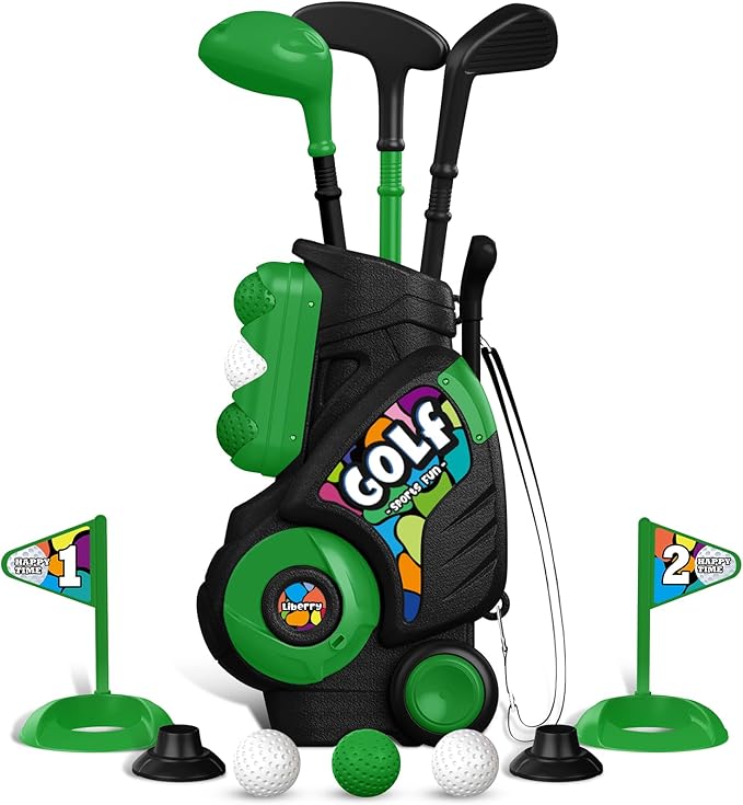 Liberry Toddler Golf Set for Boys Girls Age 2 3 4 5, Upgraded Kids Golf Cart with Shoulder Strap Design, Outdoor Indoor Sports Toys for Birthday, Black