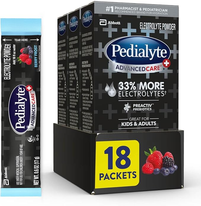 Pedialyte AdvancedCare Plus Electrolyte Powder, Has 33% More Electrolytes and PreActiv Prebiotics, Berry Frost, 18 Powder Packets