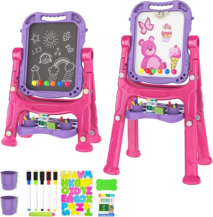 Amagoing Easel for Kids, Adjustable Standing Art Easel for Toddler, Double Side Drawing Board with Painting Accessories, Birthday Christmas Gift Toy for Boys Girls 3 4 5 6 Years Old, Purple