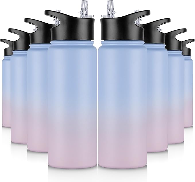 24 oz Insulated Water Bottle Bulk 8 Pack, Stainless Steel Sports Water Bottles with Straw Lid & Wide Mouth Lids, Double Walled Vacuum, Leak Proof, Pink Blue Gradient