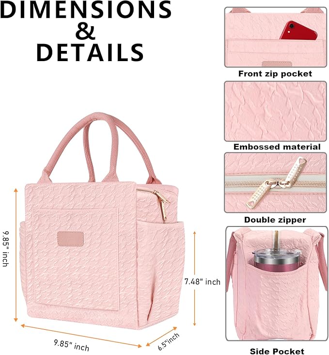 Joymee Lunch Bag Women Insulated Lunch Box Reusable Leakproof Large Spacious Cooler Tote for Women Men Adult with Bottle Holder and Side Pockets for Work Office Travel Picnic - B-Pink