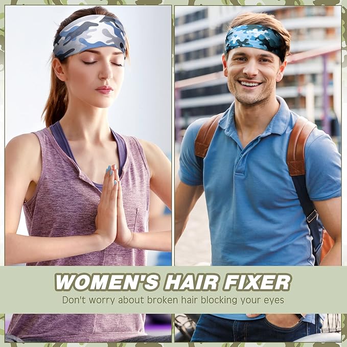 18 Pcs Sports Sweatbands for Men Women Camo Headbands Workout Non Slip Headbands Breathable Head Band Fitness Stretchy Unisex Hairband for Yoga Running Cycling Ball