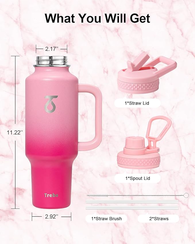 Trebo 40 oz Water Bottle Insulated with Handle, Leakproof Keep 24hrs Cold &Hot,Stainless Steel Travel Tumbler that Fits in Car Cup Holder with Straw Lids,Pink Reusable Water Bottles for women