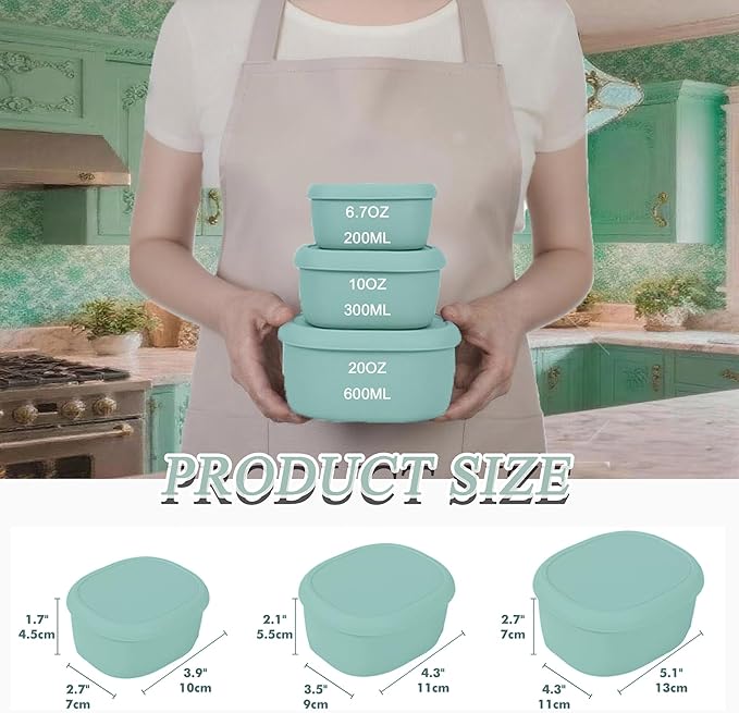 Reusable Nesting Silicone Food Storage Containers, Set of 3 Lunch Box Bento with Lids, Airtight Snack Container, BPA Free, Dishwasher Microwave Oven Freezer Safe (6.7oz, 10oz, 20oz) (Green)