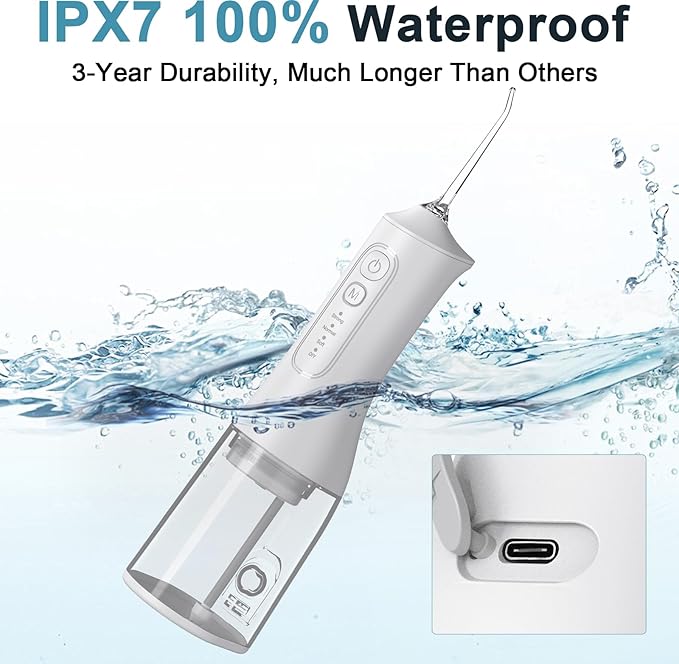 Portable Cordless Water Dental Flosser Teeth Pick 300ML Rechargeable Oral Irrigator with 4 Modes, IPX7 Waterproof,Powerful Flossing for Gum Care, Braces, and Deep Cleaning (White)