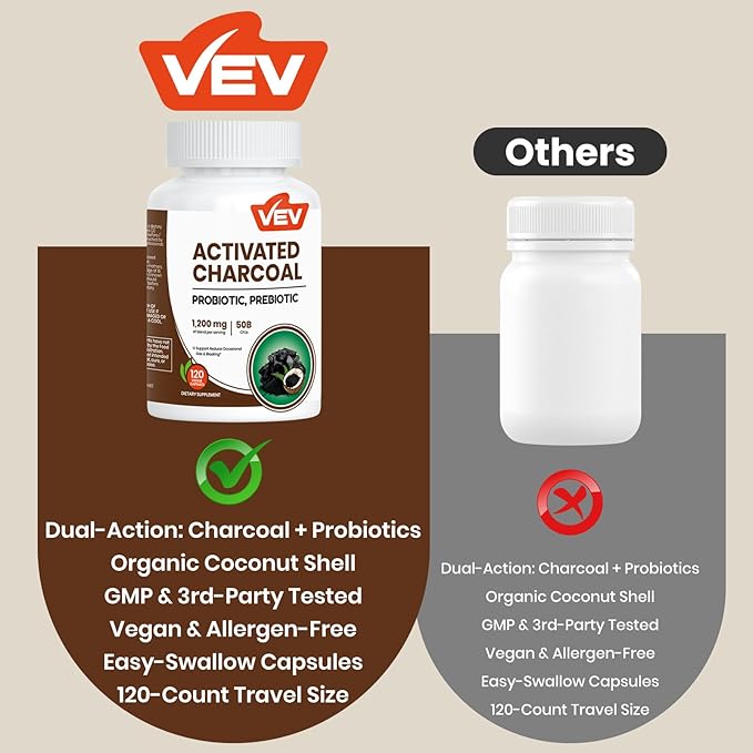 VEV Activated Charcoal with Organic Coconut Shell Charcoal & 50 Billion Probiotics – 120 Vegan Capsules for Digestive Wellness & Dietary Support