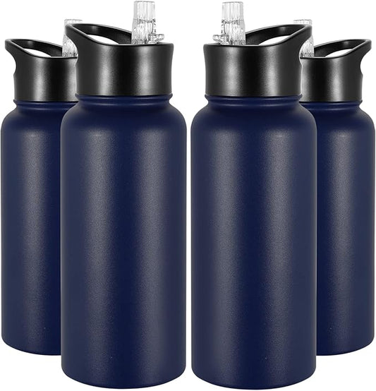 32 oz Insulated Water Bottle Bulk 4 Pack, Stainless Steel Sports Water Bottles with Straw Lid & Wide Mouth Lids, Double Walled Vacuum, Leak Proof, Blue