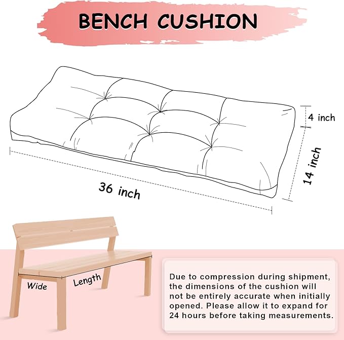 Bench Cushion 36 Inch - Polyester Brushed, High-Density Foam, Non-Slip Bottom, Soft Durable Indoor Tufted Long Seat Cushion for Window Garden Furniture (Pink, 36x14x4 Inch)