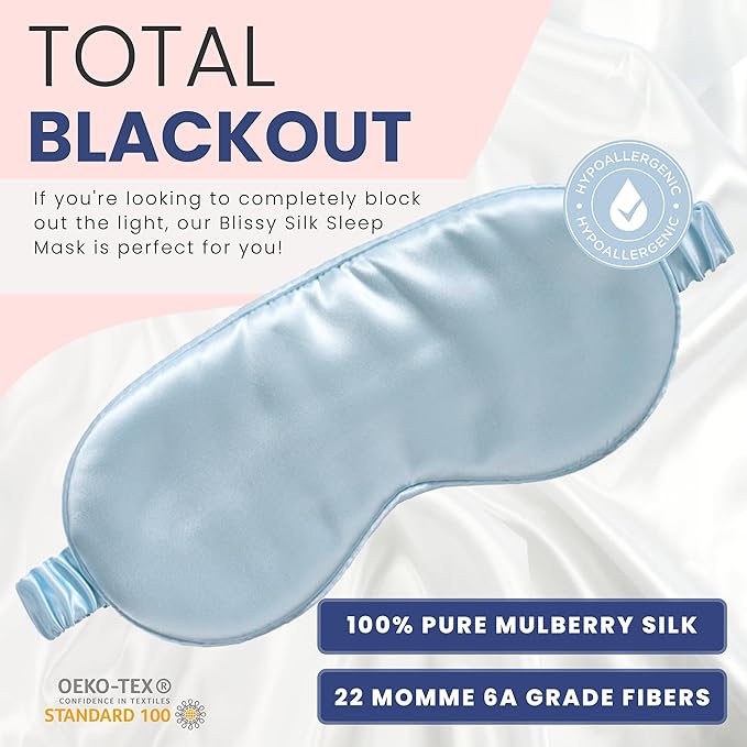 Blissy Silk Sleep Mask - Silk Eye Sleeping Mask for Women & Men for Total Blackout - 100% Pure Mulberry Silk, 22 Momme 6a Fibers - Blindfold Silk Sleep Mask Side Sleeper Eye Cover (Sky Blue)