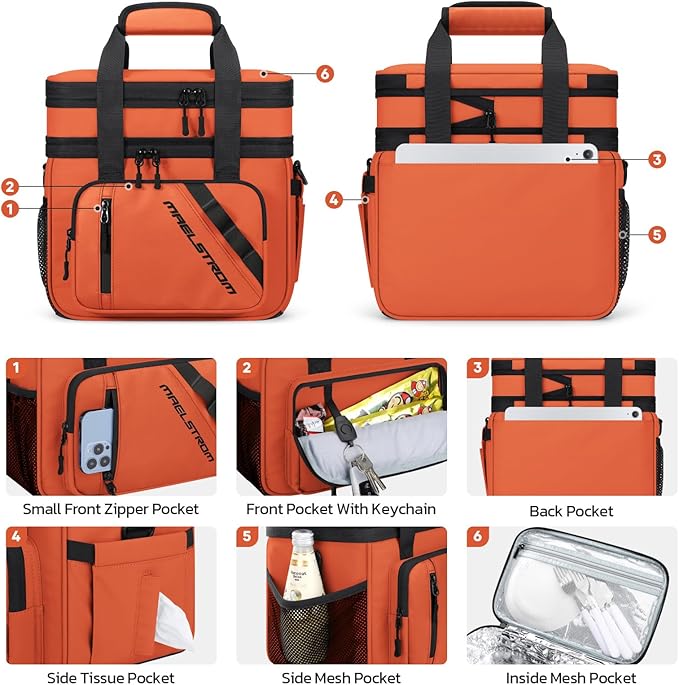 Maelstrom Lunch Box, 20L Insulated Lunch Bag for Men Women, Expandable Double Deck Leakproof Cooler Bag with 6 Pockets, Reusable Lunch Tote Bag for Work, Picnic, Travel, Orange