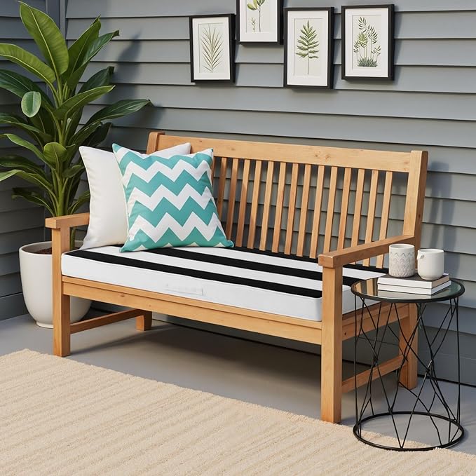 Crestlive Products Outdoor Bench Cushion 48 x 18 Inch, Waterproof Patio Bench Cushions for Outdoor Furniture, Porch Swing Replacement Pad with 30D Foam, Adjustable Straps, Black White Stripe
