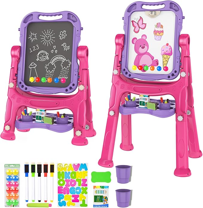 Amagoing Easel for Kids, Adjustable Standing Art Easel for Toddler, Double Side Drawing Board with Painting Accessories, Birthday Christmas Gift Toy for Boys Girls 3 4 5 6 Years Old, Purple