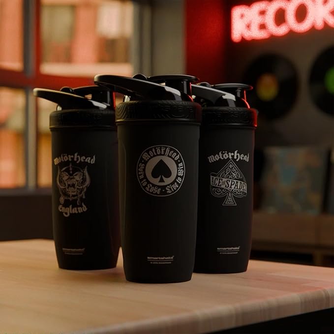Smartshake Rockband Reforce Stainless Steel Protein Shaker Bottle 900 ml | 30 oz - Leakproof Screw-on Lid - BPA Free – Unisex (Motörhead, Warpig Logo, Black)