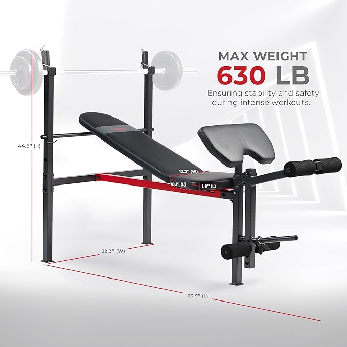 Sunny Health & Fitness Compact Premium Incline Bench Press Bar Rack Set & Optional Leg Extension Developer, Preacher Curl for Solid Strength Training Home Gym