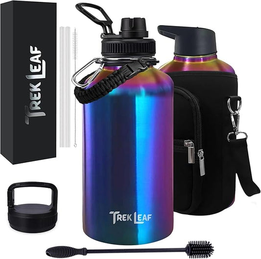 Travel Water Bottle with Carrying Bag, 3 Lids (Spout, Straw, Handle), and Bottle Brush; Leak Proof, Quality, Vacuum Insulated, Stainless Steel (Twilight, 64 oz)