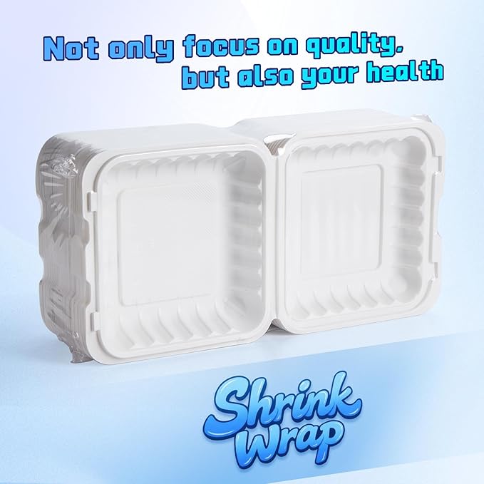 YANGRUI Food Containers 8 Inch 34 oz 55 Pack - Shrink Wrap BPA Free Mineral Filled PP Plastic Container | Reusable Freezer & Microwave Safe Meal Prep Takeout | White Heavy Duty Clamshell Lunch Boxes