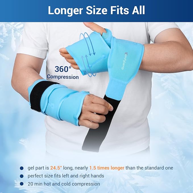 Comfytemp 24.5" Extra Long Wrist Ice Pack Wrap for Carpal Tunnel Relief, Reusable Gel Wrist Brace Hot Cold Compress for Hand Forearm Pain, Injuries, Arthritis, Surgery Gift, 2 Packs