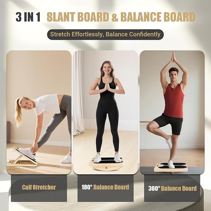 3-in-1 Wooden Slant Board & 180°/360° Balance Board, Portable 6 Angle Adjustable Calf Stretcher with Training Poster, Anti-Slip 300LBS Wobble Board for Physical Therapy, Standing Desk & Core Strength