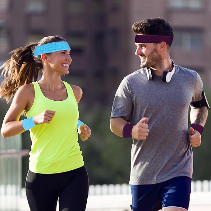 24 Pcs Neon Sweatbands Set Include 8 Pcs Sports Headband and 16 Pcs Cotton Wristbands 80s Neon Sweat Bands Bulk for Gym, Tennis, Basketball, Running, Exercise