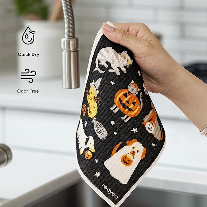 RECYCO Swedish Dishcloths for Kitchen | 4 Pack Halloween Wicked Whimsy Washable Dish Rags | Cellulose Reusable Cleaning Paper Towels | Absorbent Counter Dish Cloth Sponge Kitchen Wipes, 8" L x 7" W